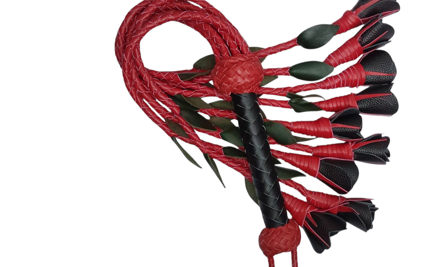 100% Leather Hand Made, Black Rose With Red Stems Splay Floggers Single Sided, Not Stitched