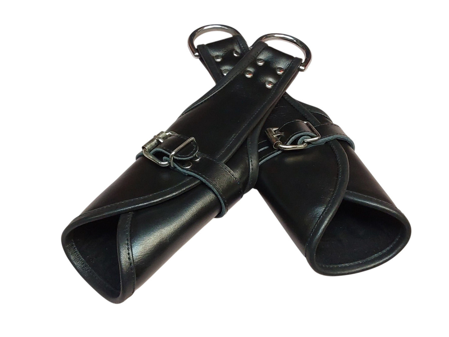 Handmade Black Leather Wrap-Around Wrist & Hand Cuffs — Lined, D-Ring (Pair)