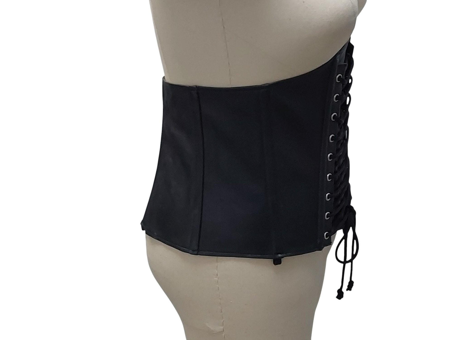 Ishtar Hand-Made Leather Basque Corset — Back Zipper, Corseted Front, Suspender Loops, Ribbon Lacing (Black; Custom Colours Available)