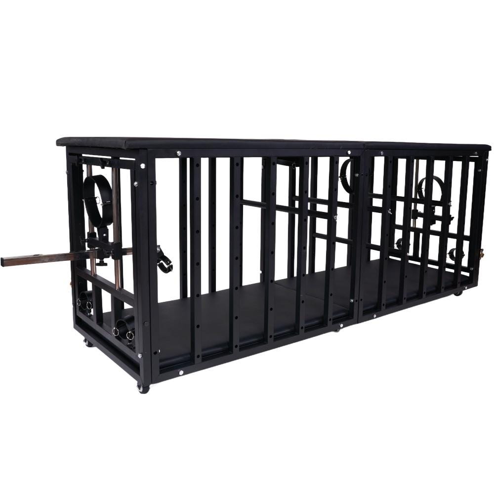 Extra Long Adult Cage Bed | Padded PU Leather Top, Lockable Casters, Black Steel Frame