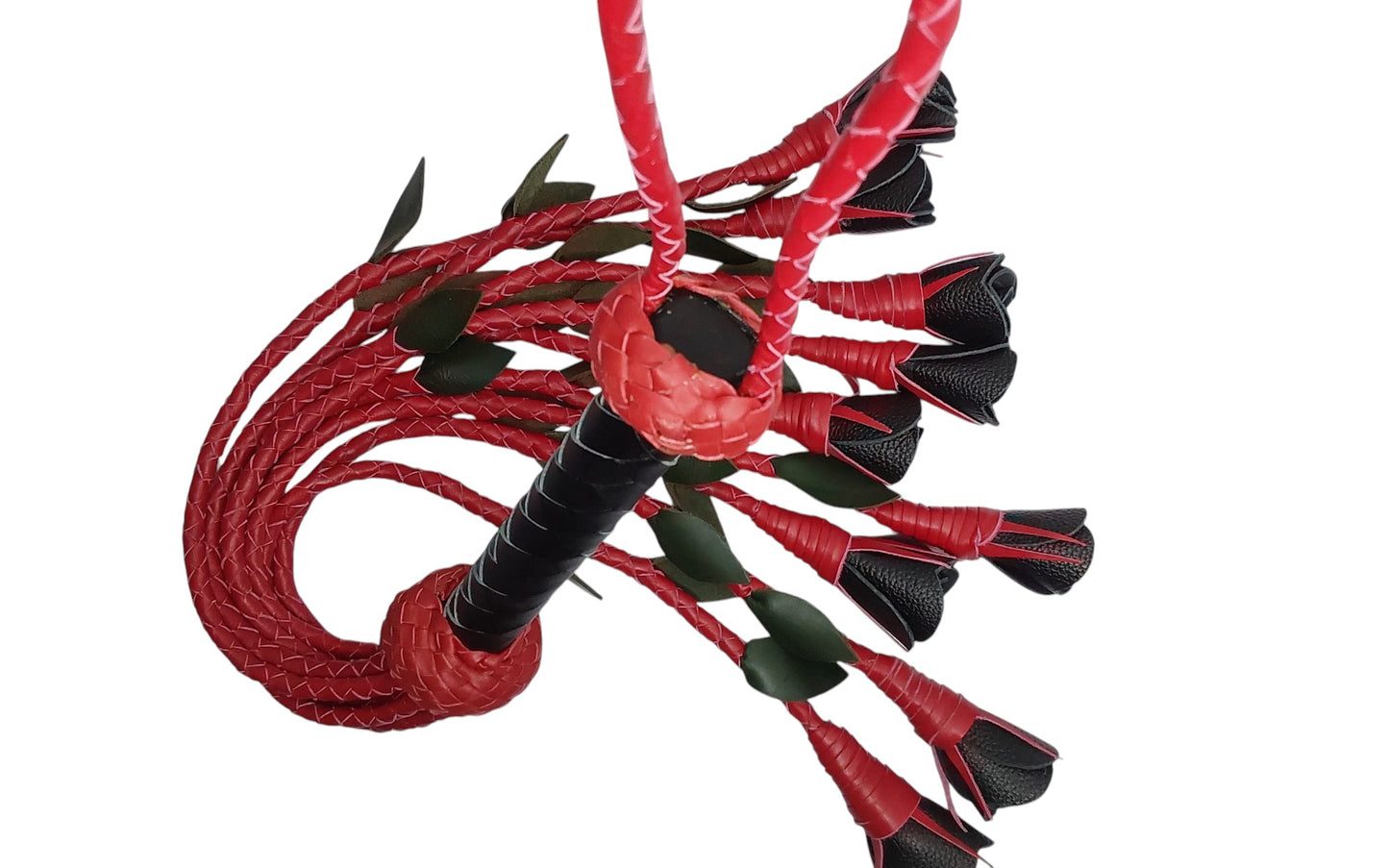 100% Leather Hand Made, Black Rose With Red Stems  Splay Floggers Single Sided, Not Stitched