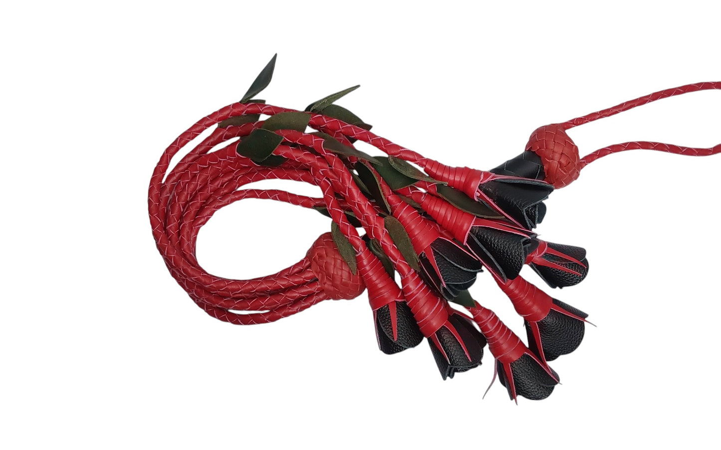 100% Leather Hand Made, Black Rose With Red Stems  Splay Floggers Single Sided, Not Stitched