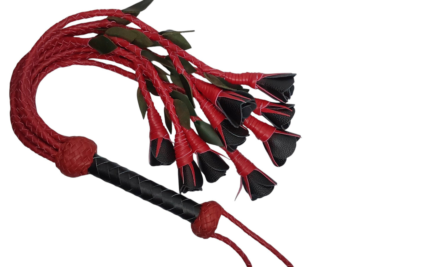 100% Leather Hand Made, Black Rose With Red Stems  Splay Floggers Single Sided, Not Stitched