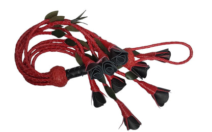 100% Leather Hand Made, Black Rose With Red Stems  Splay Floggers Single Sided, Not Stitched