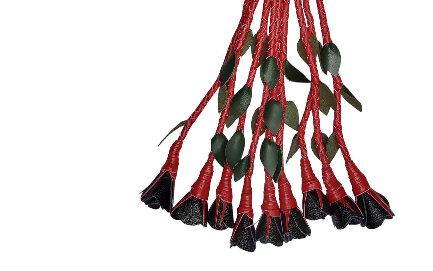 100% Leather Hand Made, Black Rose With Red Stems  Splay Floggers Single Sided, Not Stitched