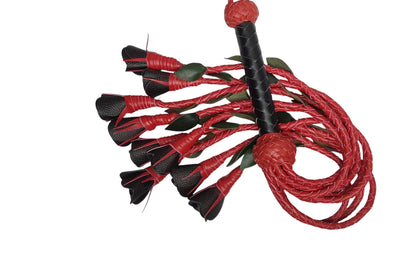 100% Leather Hand Made, Black Rose With Red Stems  Splay Floggers Single Sided, Not Stitched