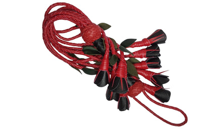 100% Leather Hand Made, Black Rose With Red Stems  Splay Floggers Single Sided, Not Stitched