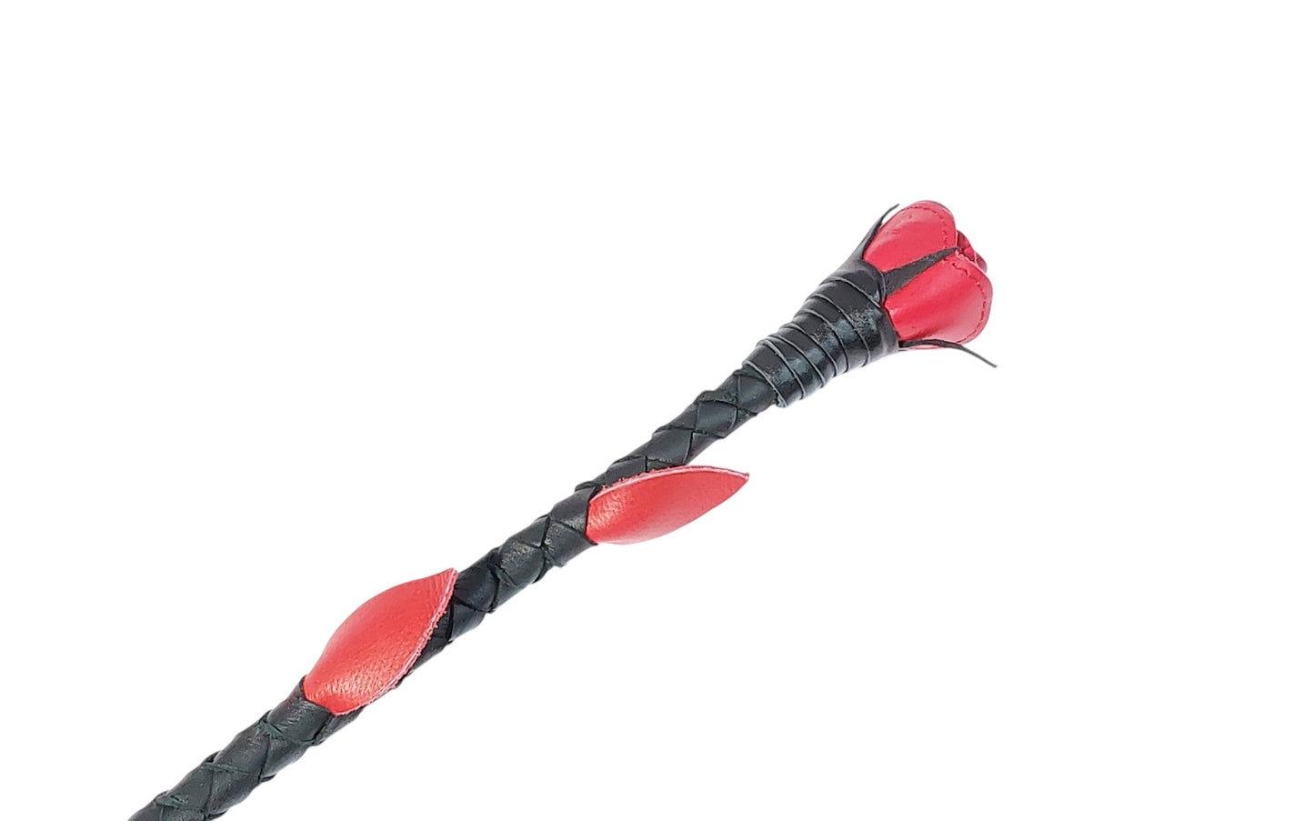 Luxury hand-made leather rose riding crop with black stem & stitched red rose. 680 mm, fiberglass core, 220 g. Perfect for BDSM play.