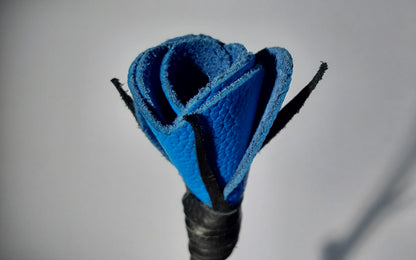 Hand-Made Leather Rose Riding Crop – Black Stem with Blue Rose, Stitched