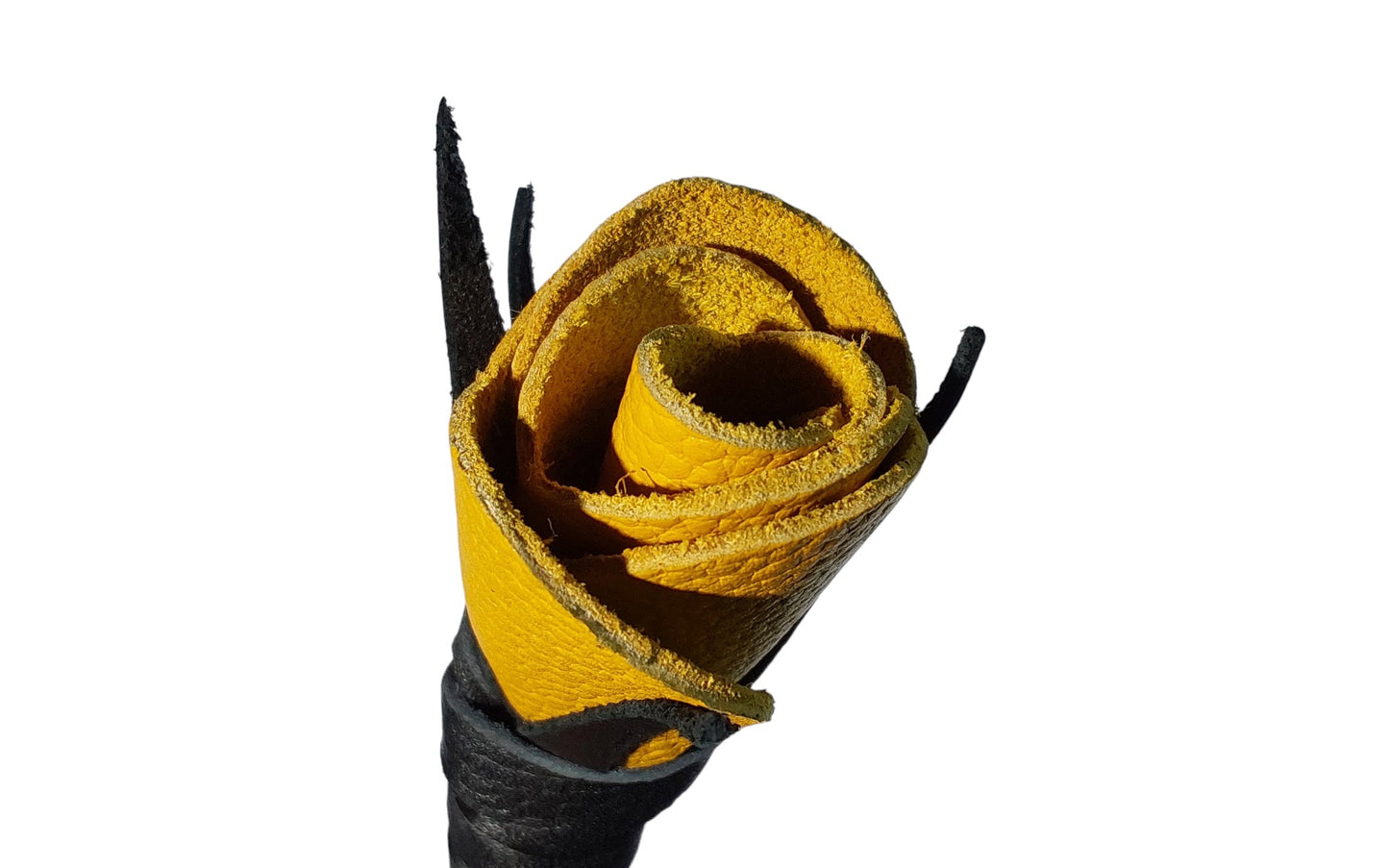 Luxury hand-made leather riding crop with black stem & yellow rose tip. 680 mm, fiberglass core, lightweight and powerful. (Unstitched)