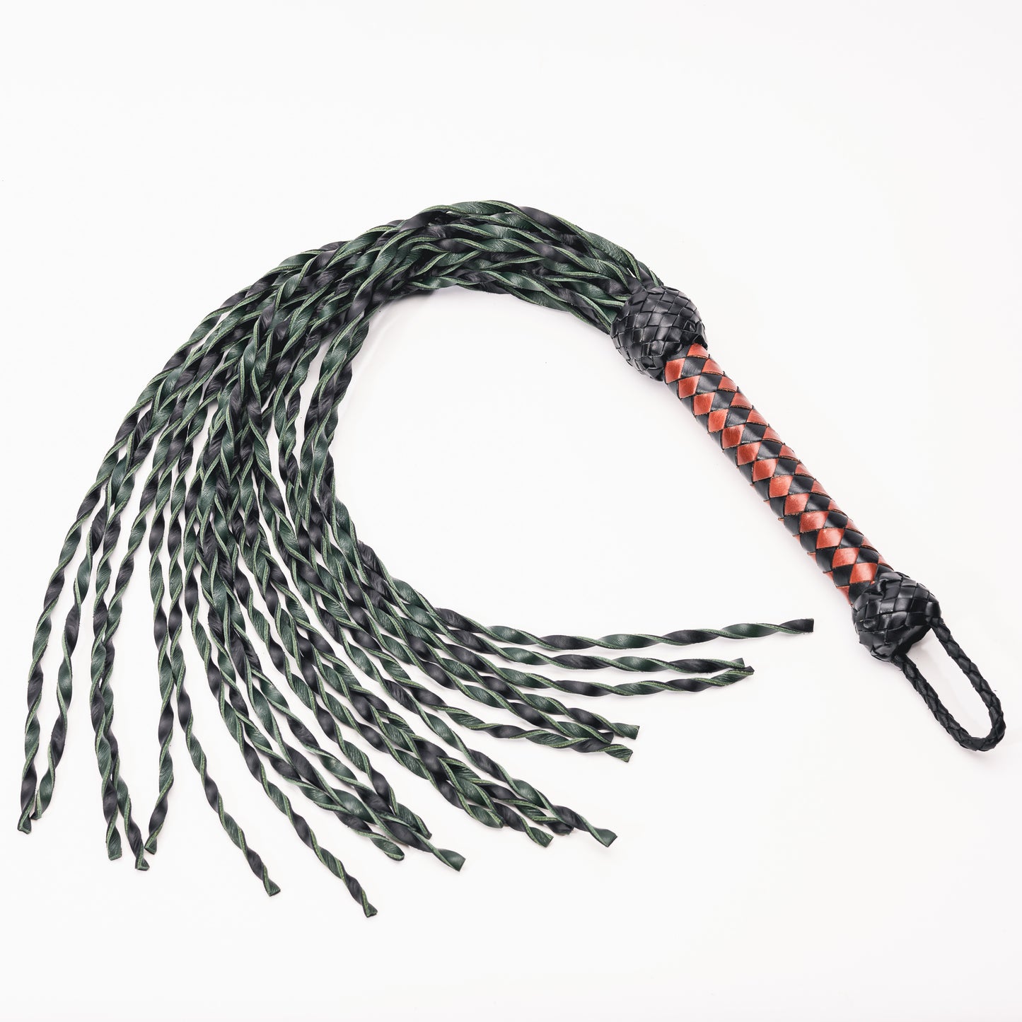 Hand Made 100% Leather, Tight Twist Flogger, Green and Black