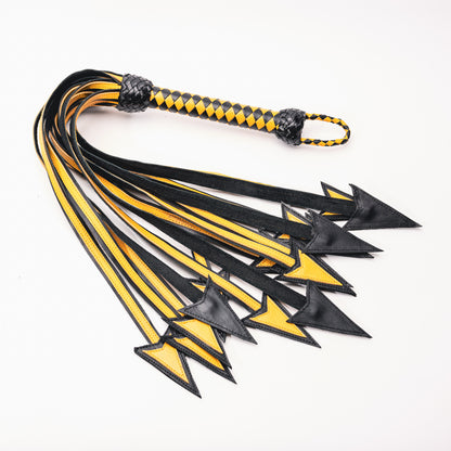 100% Leather Hand Crafted Arrow Shaped Flogger 12 Fall, Longer Yellow and Black