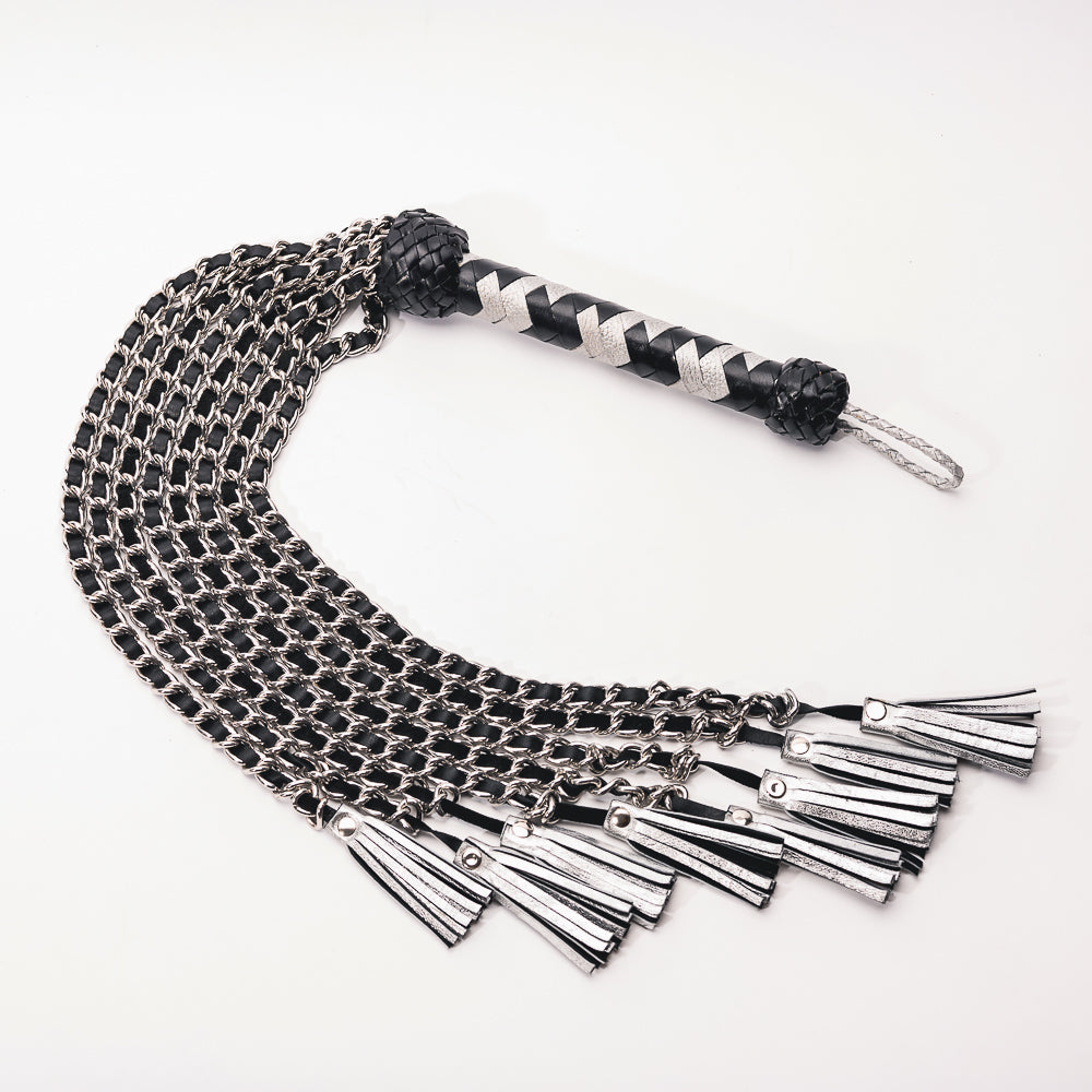 Hand Made Chain Flogger With leather Inlay  30cm Falls - The Wow Factor, Pure Bling.