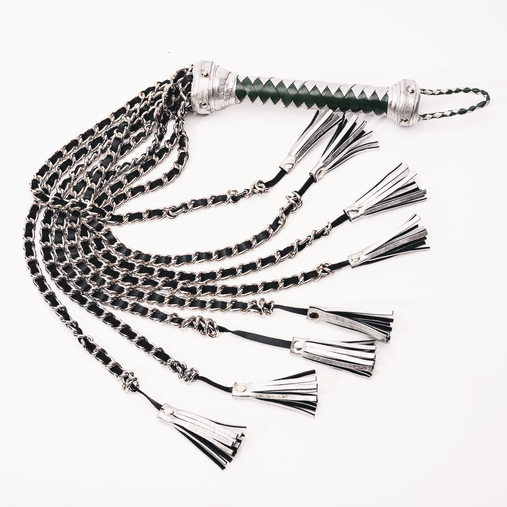 Hand Made Chain Flogger With leather Inlay  30cm Falls - The Wow Factor, Pure Bling.