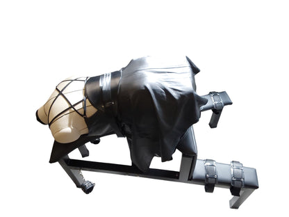 Mature Impact BDSM Spanking Bench Durable Bondage Bench with Shackles, Wrist Cuffs & Chain, Fixed Steel Frame, Black Vinyl Dungeon Furniture