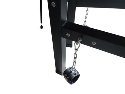 Mature Impact BDSM Spanking Bench Durable Bondage Bench with Shackles, Wrist Cuffs & Chain, Fixed Steel Frame, Black Vinyl Dungeon Furniture