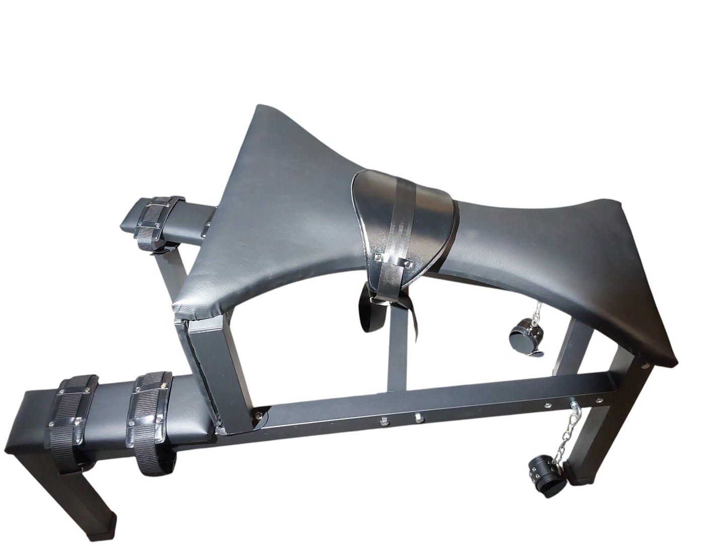 Mature Impact BDSM Spanking Bench Durable Bondage Bench with Shackles, Wrist Cuffs & Chain, Fixed Steel Frame, Black Vinyl Dungeon Furniture