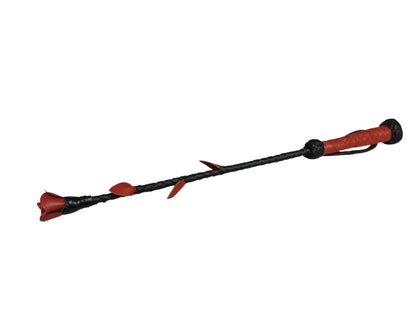 Luxury hand-made leather rose riding crop with black stem & stitched red rose. 680 mm, fiberglass core, 220 g. Perfect for BDSM play.