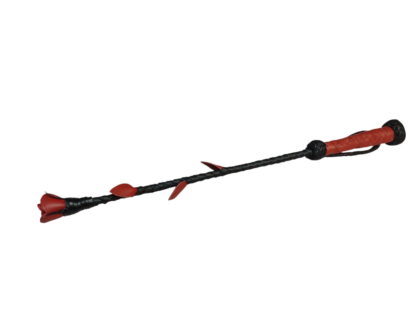 Hand-Made Leather Rose Riding Crop – Black Stem with Blue Rose, Stitched