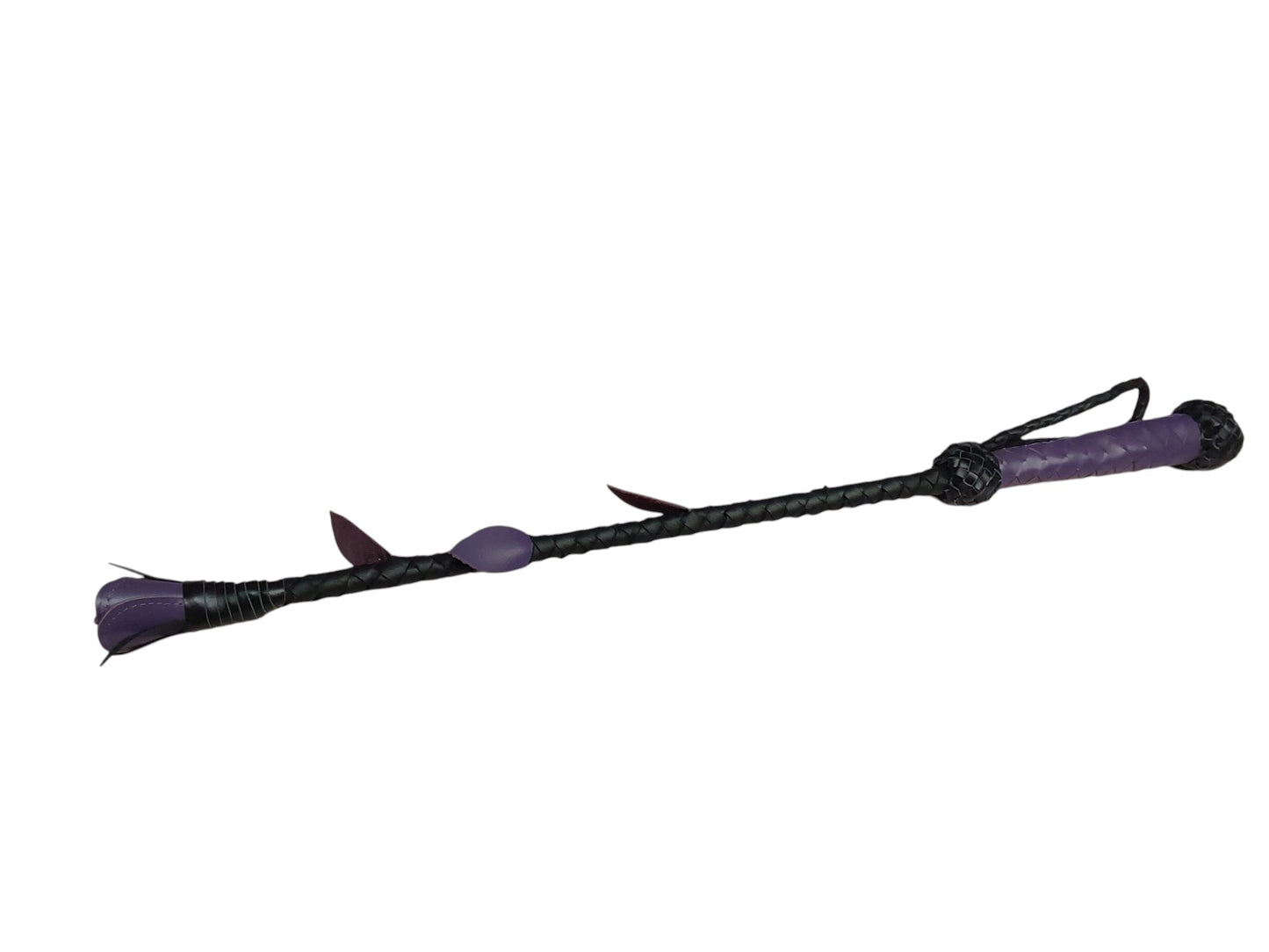Luxury hand-made leather rose riding crop with purple stem & black rose tip. Fiberglass core, 680 mm length. Perfect for BDSM play.