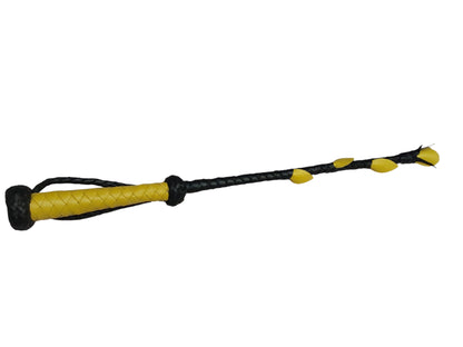 Luxury hand-made leather riding crop with black stem & yellow rose tip. 680 mm, fiberglass core, lightweight and powerful. (Unstitched)