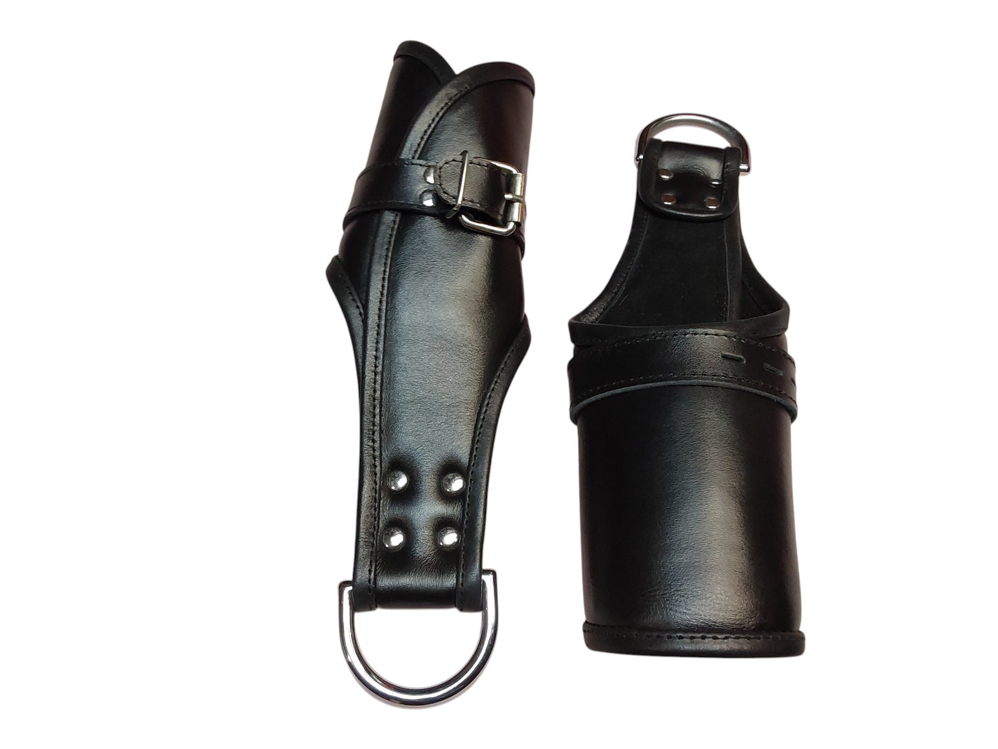 Handmade Black Leather Wrap-Around Wrist & Hand Cuffs — Lined, D-Ring (Pair)