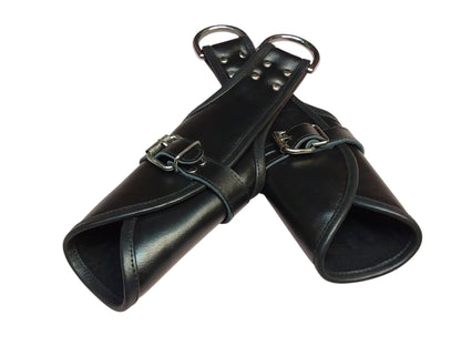 Handmade Black Leather Wrap-Around Wrist & Hand Cuffs — Lined, D-Ring (Pair)