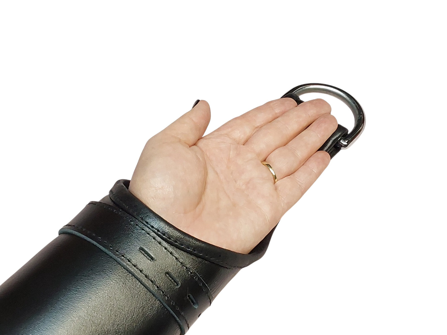 Handmade Black Leather Wrap-Around Wrist & Hand Cuffs — Lined, D-Ring (Pair)