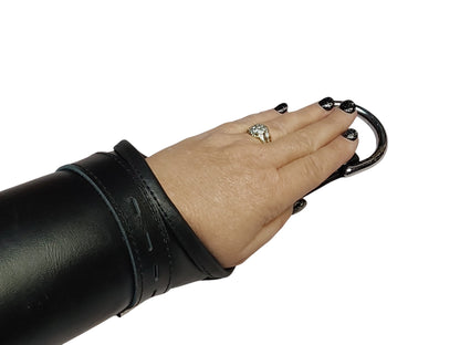 Handmade Black Leather Wrap-Around Wrist & Hand Cuffs — Lined, D-Ring (Pair)