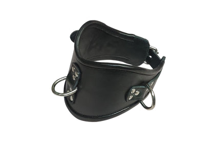 Hand-Made Leather Posture Collar with 3 D-Rings – BDSM Neck Restraint with Chin Support Plate