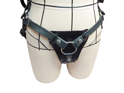 Handmade Black Leather Strap-On Harness — Removable 50 mm Ring, Adjustable Leg & Waist