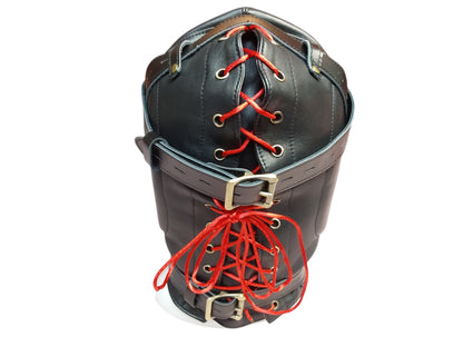 Handmade Leather Sensory Isolation Hood — Black, Lined, Rear Lacing