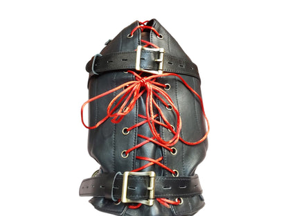 Handmade Leather Sensory Isolation Hood — Black, Lined, Rear Lacing