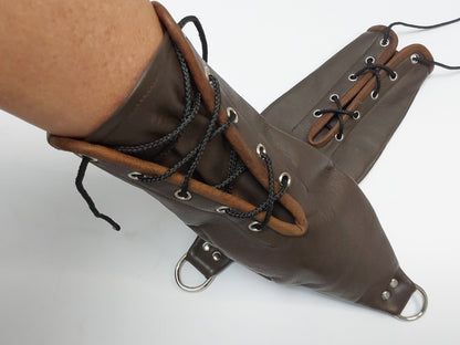 Hand-Made Leather Hand Binder/Mitts — Lace-Up with D-Ring (Pair)