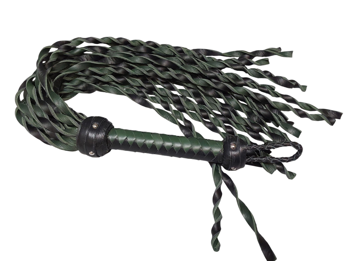 Hand Made 100% Leather, Loose Twist Flogger, Green and Black