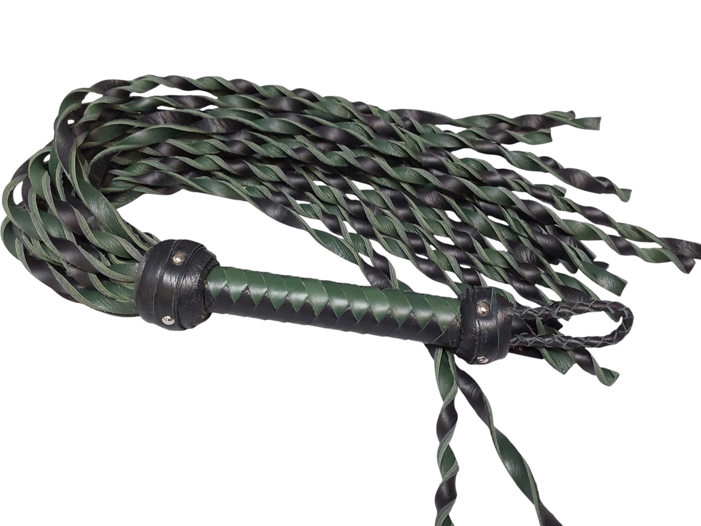 Hand Made 100% Leather, Loose Twist Flogger, Green and Black