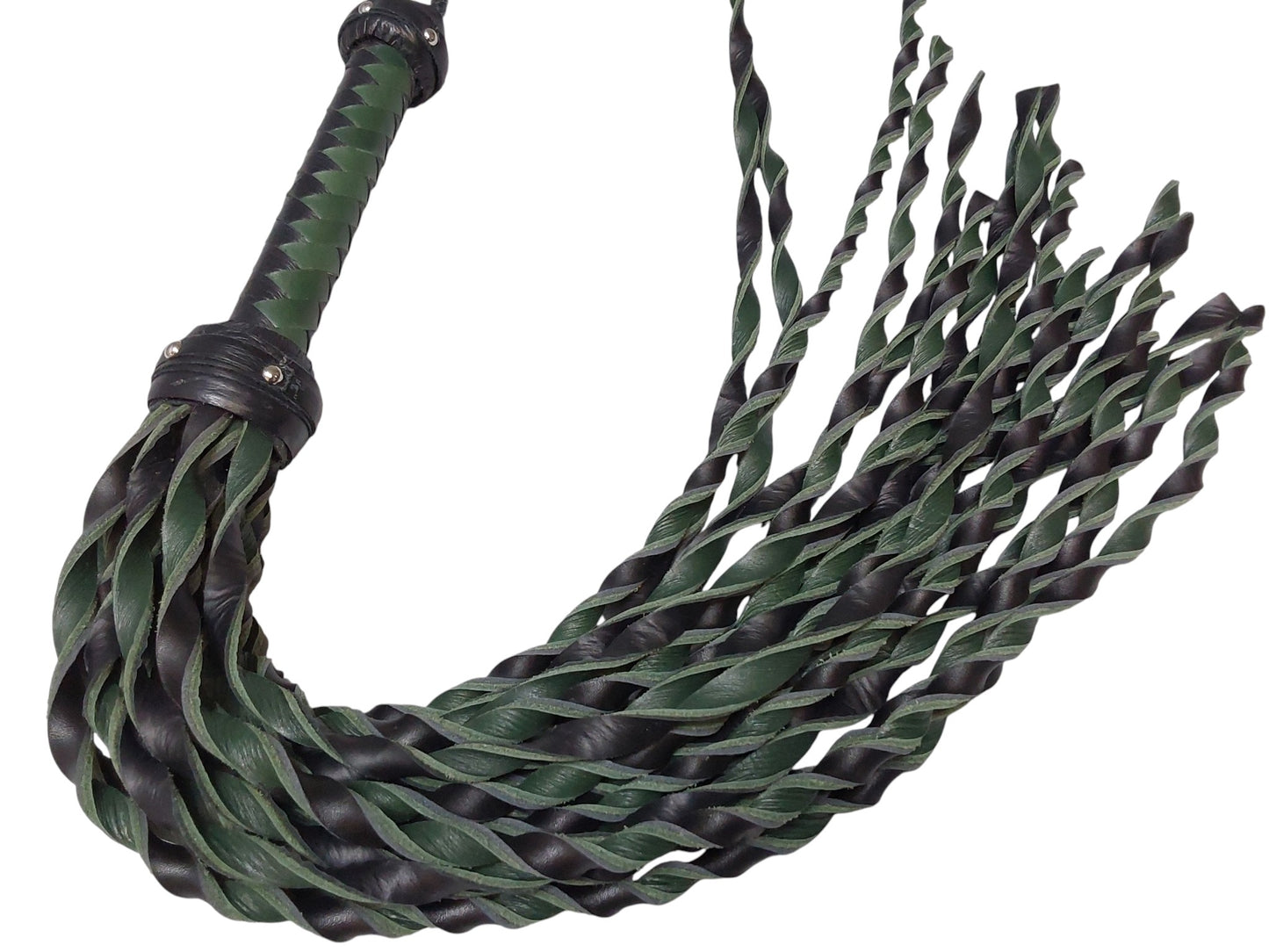 Hand Made 100% Leather, Loose Twist Flogger, Green and Black