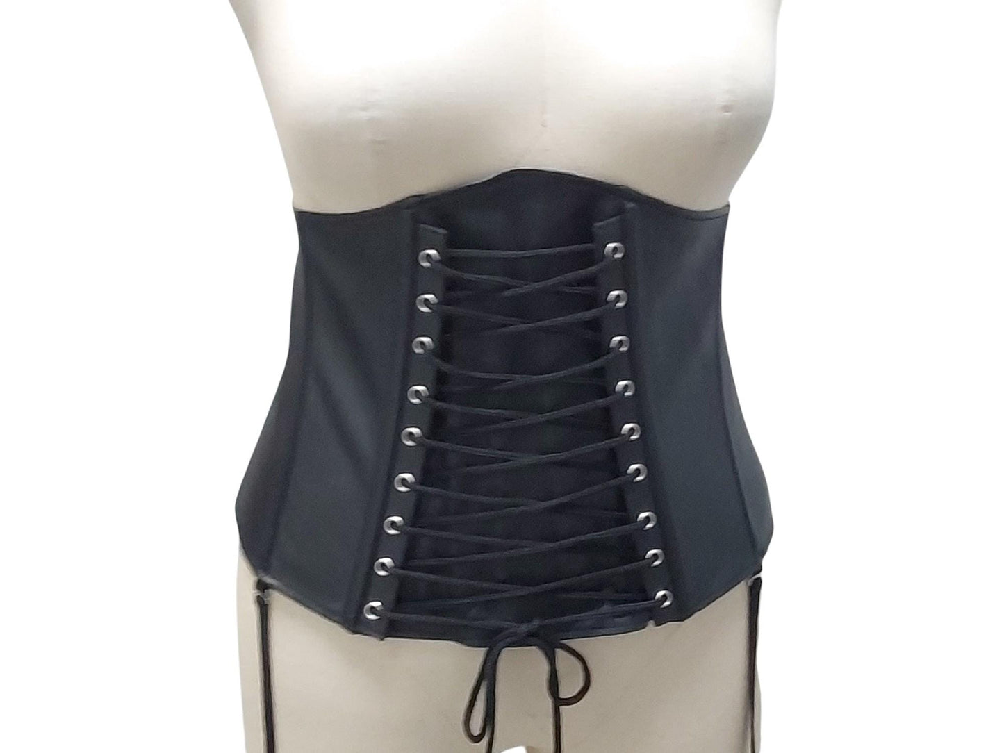 Ishtar Hand-Made Leather Basque Corset  — Back Zipper, Corseted Front, Suspender Loops, Ribbon Lacing (Black; Custom Colours Available)