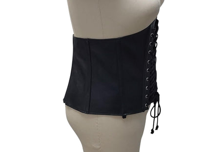 Ishtar Hand-Made Leather Basque Corset  — Back Zipper, Corseted Front, Suspender Loops, Ribbon Lacing (Black; Custom Colours Available)