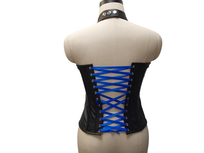 Andarta Hand-made black leather corset, bold buckle front, adjustable neck collar & lace-up back. Inspired by the goddess Andarta—power meets allure