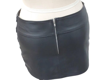 Hand-made lamb leather mini skirt in black. Luxurious, soft, and fully lined with 3 decorative front buckles & a rear zipper. Luxury leather