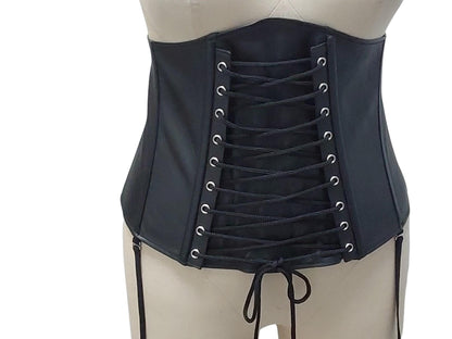 Ishtar Hand-Made Leather Basque Corset  — Back Zipper, Corseted Front, Suspender Loops, Ribbon Lacing (Black; Custom Colours Available)