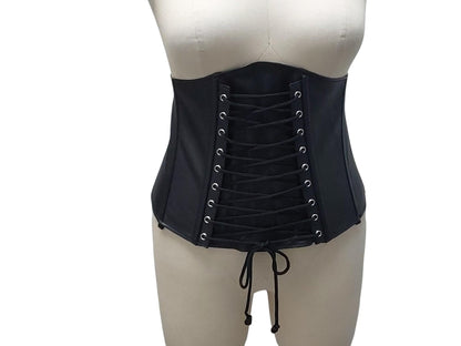Ishtar Hand-Made Leather Basque Corset  — Back Zipper, Corseted Front, Suspender Loops, Ribbon Lacing (Black; Custom Colours Available)