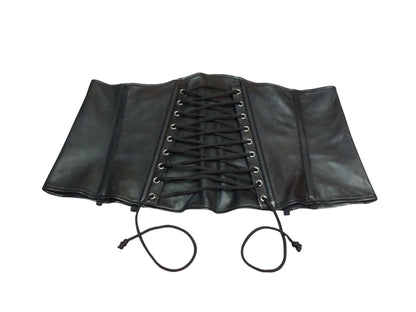 Ishtar Hand-Made Leather Basque Corset  — Back Zipper, Corseted Front, Suspender Loops, Ribbon Lacing (Black; Custom Colours Available)