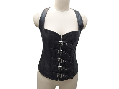 Sekmet Handmade Black Leather Corset Vest "Sekhmet" – Zipper Front with Adjustable Straps – Gothic, Fetish, Cosplay, Festival Wear