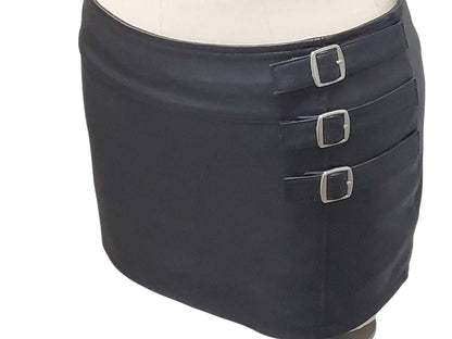 Hand-made lamb leather mini skirt in black. Luxurious, soft, and fully lined with 3 decorative front buckles & a rear zipper. Luxury leather