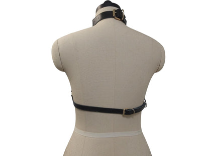 Handmade Black Leather Chain Bra Harness – Gold Chain Front, Collar & Buckle Back
